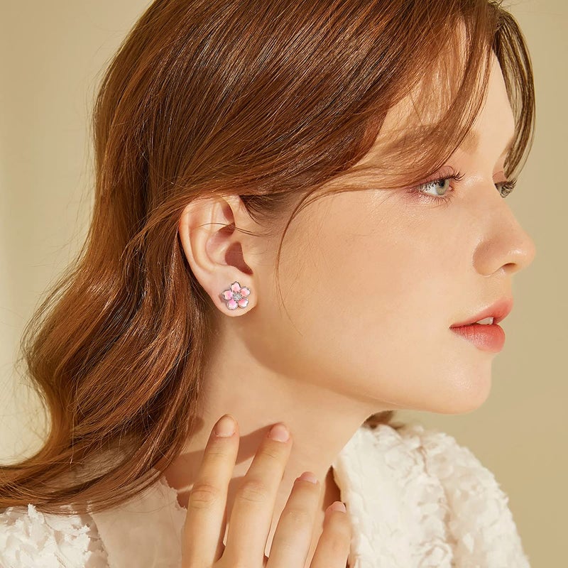 AllenCOCO Pink Flower Earrings for Women, 925 Sterling Silver Stud Earrings, Cute Plumeria Earrings For Women, Cherry Blossom - Image 3